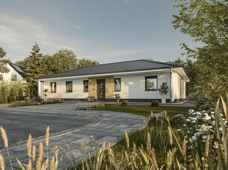 Der Bungalow 131 in Variante Style mit Sicht auf den Eingangsbereich mit Veranda