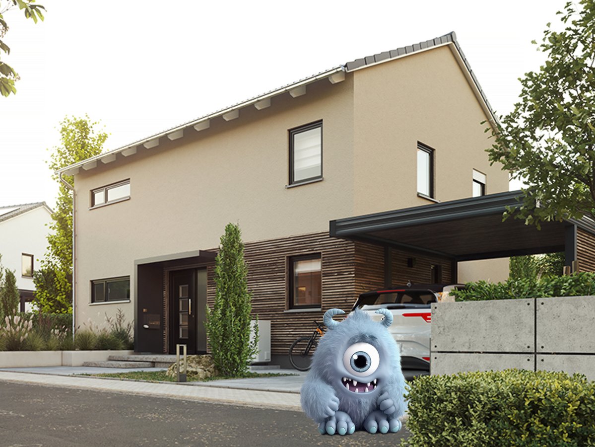 Ratenfresser Tiny vor dem Flair 152 auf der Straße mit Blick auf Haus, Eingangsbereich und Carport