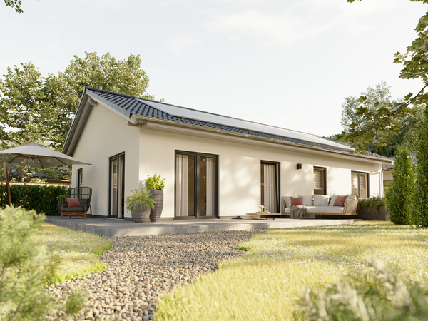 Bungalow 100 – moderner Bungalow mit Terrasse und bodentiefen Fenstern